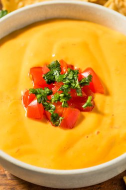 Sıcak ev yapımı Cheesy Queso Dip ve Tortilla Chips.