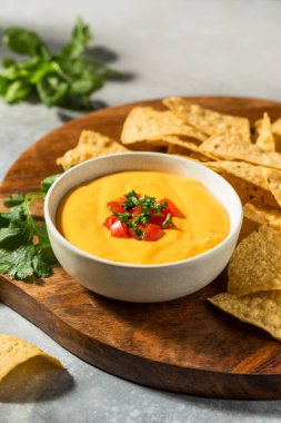 Sıcak ev yapımı Cheesy Queso Dip ve Tortilla Chips.