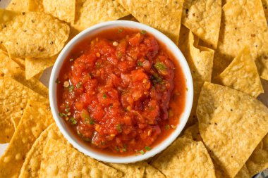 Sağlıklı ev yapımı organik tortilla cipsi ve salsa yemeye hazır.