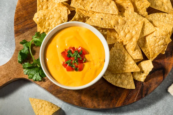 Warm Homemade Cheesy Queso Dip Tortilla Chips — Stock Photo, Image