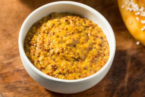 Organic Brown Spicy Grainy Mustard Bowl — Stock Photo, Image