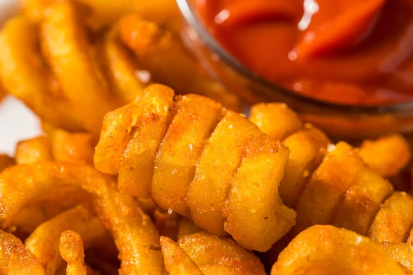 Seasoned Homemade Curly French Fries Ketchup — Stock Photo, Image