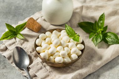 Sağlıklı Çiğ Organik Mozzarella İncileri ve Basil