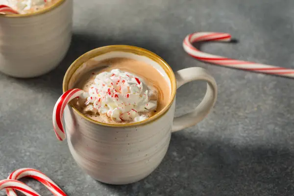 Warm Sweet Holiday Peppermint Hot Chocolate Cocao Whipped Cream — Stock Photo, Image