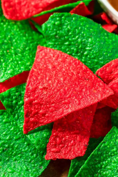 Εορταστική Κόκκινο Και Πράσινο Χριστούγεννα Tortilla Μάρκες Salsa — Φωτογραφία Αρχείου