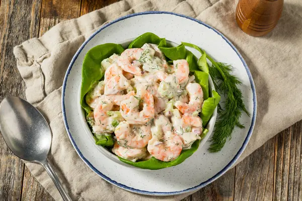 Creamy Homemade Shrimp Salad Dill Lettuce — Stock Photo, Image