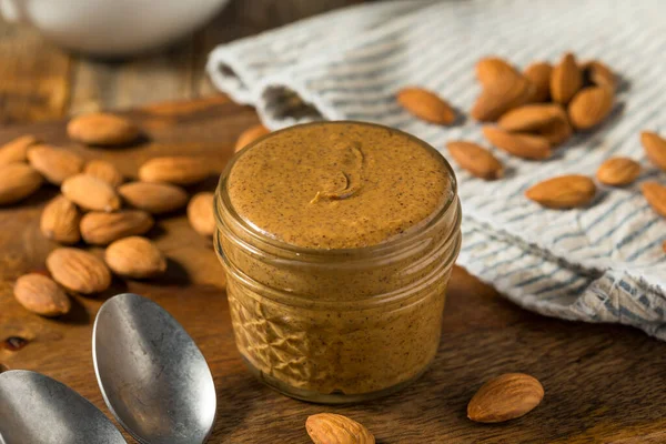 Organic Sweet Crunchy Almond Nut Butter Jar — Stock Photo, Image