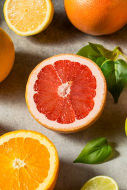 Limonlar, limonlar, greyfurtlar ve portakallarla çeşitli organik çiğ turunçgil meyveleri.