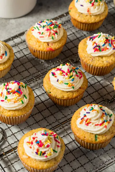 Sweet Homemade Funfetti Cupcakes Frosting Sprinkles — Stock Photo, Image