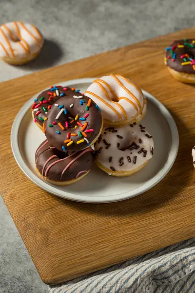 Homemade Small Mini Donuts Breakfast Sprinkles Frosting — Stock Photo, Image