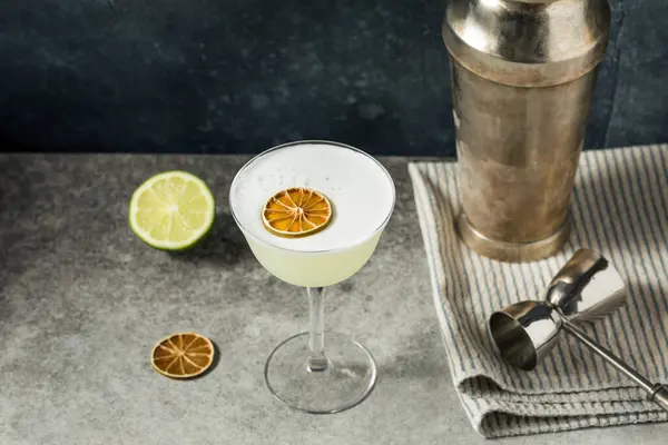 Boozy Foamy Gin Sour Cocktail Lime Syrup — Stock Photo, Image