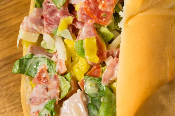 Trendy Homemade Chopped Italian Sub Sandwich Salami Mayo — Stock Photo, Image