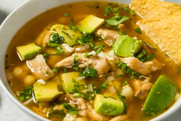Homemade Mexican Chicken Pozole Soup Tortilla Chips — Stock Photo, Image