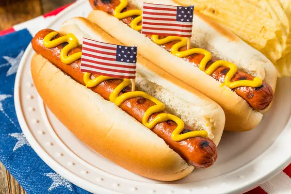 Patriótico American Memorial Day Hot Dogs Com Batatas Fritas — Fotografia de Stock