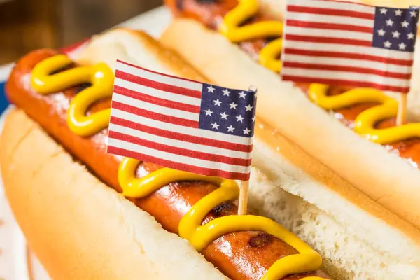 Patriotischer Amerikanischer Gedenktag Hot Dogs Mit Kartoffelchips Stockbild