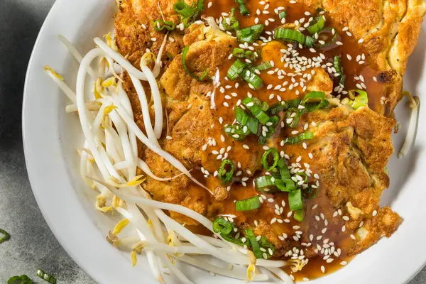 Fried Chinese Egg Foo Young Sauce Rice Stock Photo