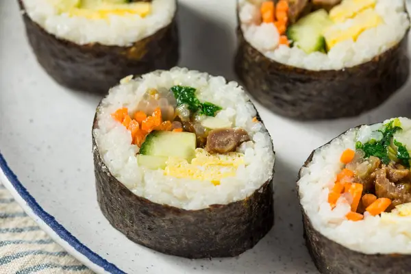 Homemade Korean Kimbap Rolls Beef Egg Vegetables Stock Image