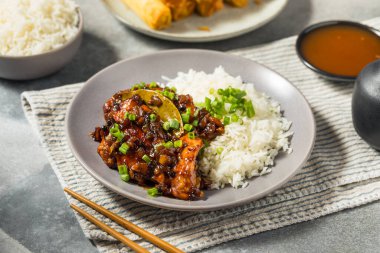 Ev yapımı Filipinli Tavuk Adobo, yanında pilav ve sos.