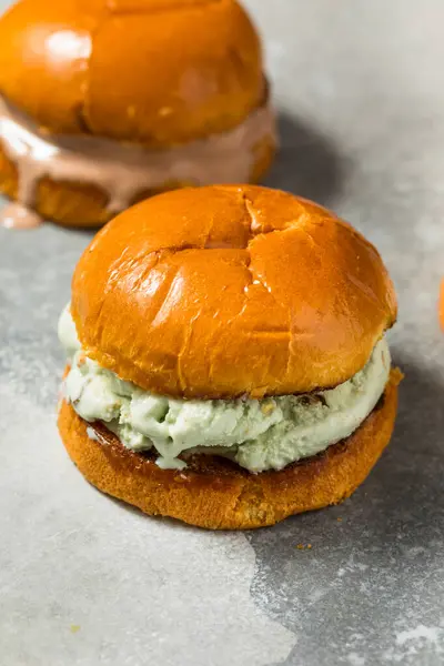 stock image Frozen Homemade Gelato Sandwich On Brioche Buns with Vanilla and Chocolate