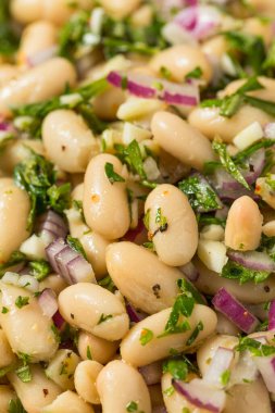 Bitki ve soğanlı sağlıklı soğuk beyaz fasulye yaz salatası.