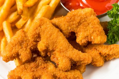 Patates kızartması ve ketçaplı sağlıklı çocuk dinozor tavuk nuggetları.