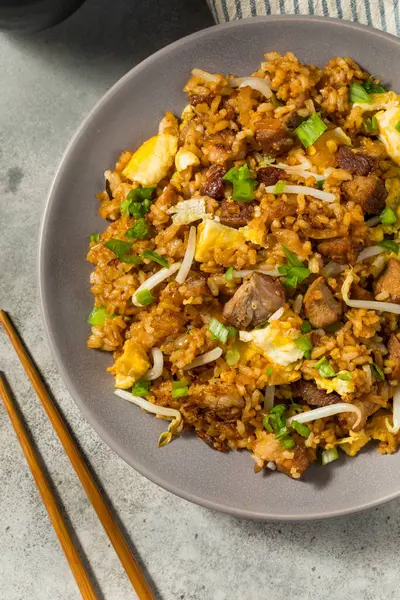 Stock image Homemade Char Siu Pork Fried Rice with Egg and Sprouts