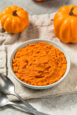 Çiğ Turuncu Konserve Balkabağı Püresi Birlikte Pişirmek İçin Bir Kase İçinde