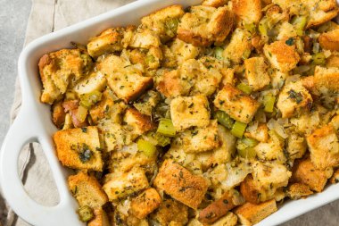 Homemade Thanksgiving Turkey Stuffing Dressing with Celery Onions and Garlic clipart