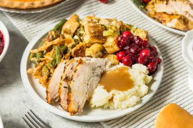 Şükran Günü hindi tabağı Patates dolma fasulye ve kızılcık