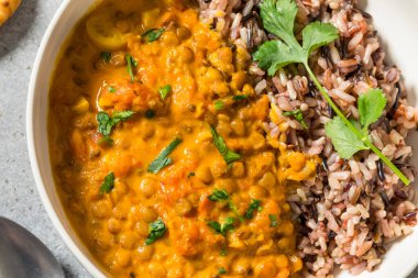 Hint ev yapımı hindistancevizi mercimek körisi ve pilav.