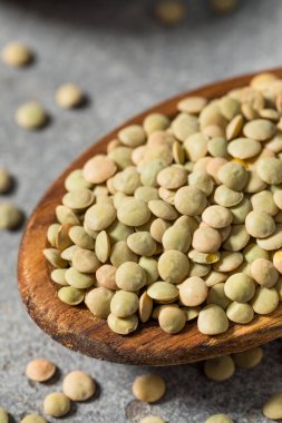 Kuru Çiğ Organik Yeşil Mercimek Pişirme Kaşığında