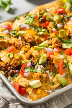 Ev yapımı Vejetaryen Çarşaflı Nachos Domates Cilantro ve Limonlu
