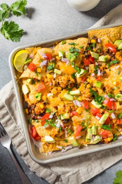 Ev yapımı Vejetaryen Çarşaflı Nachos Domates Cilantro ve Limonlu
