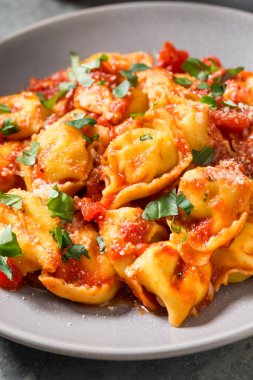 Domates soslu ve fesleğenli ev yapımı Tortellini Makarnası