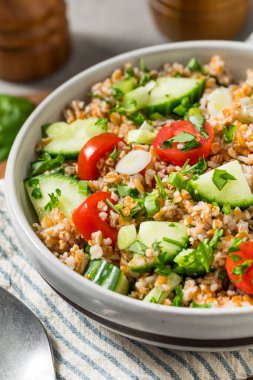 Healthy Homemade Mediterranean Bulgar Wheat Salad with Tomato and Cucumber