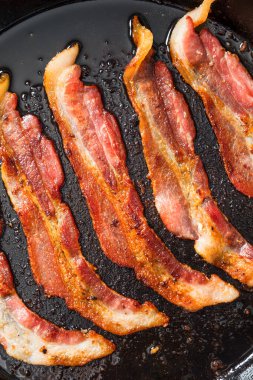 Greasy Cooked Thick Cut Bacon in a Skillet Pan