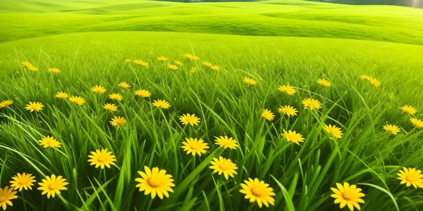 Spring landscape, blossoming field with green grass and yellow flowers. Nature illustration. 3d rendering.