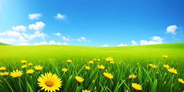 Spring landscape, blossoming field with green grass and yellow flowers, blue sky with sun and clouds. Nature illustration. 3d rendering.