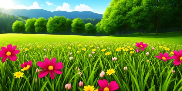 Spring landscape, blossoming field with green grass, yellow and purple flowers, blue sky with sun and clouds, mountains and forest. Nature illustration. 3d rendering.
