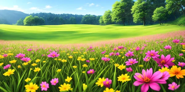 Spring landscape, blossoming field with green grass, yellow and pink flowers, blue sky with clouds, forest. Nature illustration. 3d rendering.
