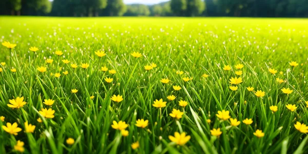 Spring landscape, blossoming field with green grass and yellow flowers, forest. Nature illustration. 3d rendering.