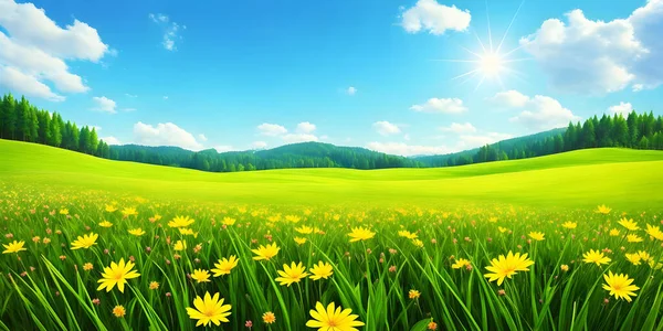 Spring landscape, blossoming field with green grass, yellow flowers, blue sky with sun and clouds, mountains and forest. Nature illustration. 3d rendering.