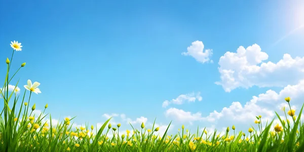 Spring landscape, blossoming field with green grass, white and yellow flowers, blue sky with sun and clouds. Nature illustration. 3d rendering.