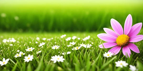 Spring landscape, blossoming field with green grass, white chamomiles and one big pink flower. Nature illustration. 3d rendering.