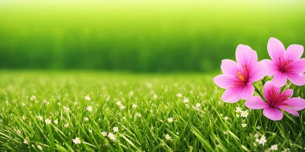 Spring landscape, blossoming field with green grass and several big pink flowers. Nature illustration. 3d rendering.