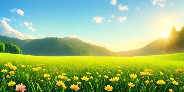 Spring landscape, blossoming field with green grass and yellow flowers, blue sky with sun and clouds, mountains and forest. Nature illustration. 3d rendering.