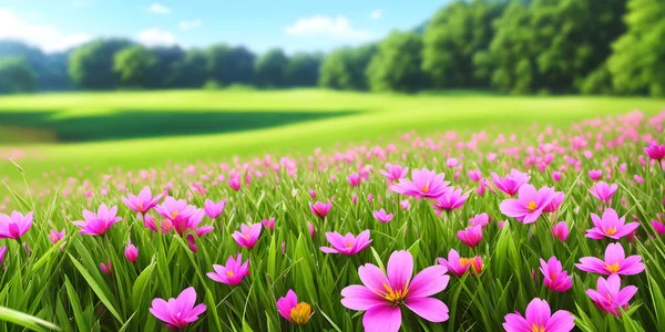 Spring landscape, blossoming field with green grass, pink flowers, blue sky with clouds, forest. Nature illustration. 3d rendering.