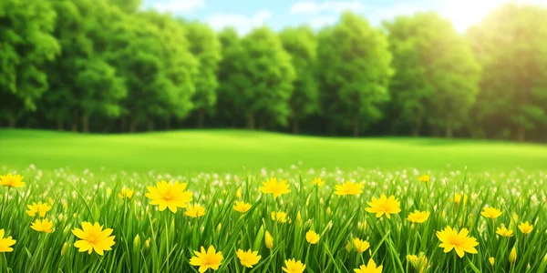 Spring landscape, blossoming field with green grass and yellow flowers, forest, blue sky with clouds. Nature illustration. 3d rendering.