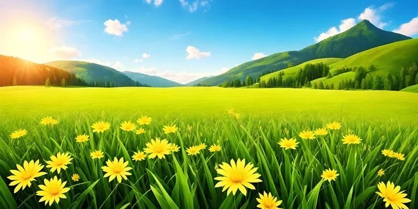 Spring landscape, blossoming field with green grass and yellow flowers, blue sky with sun and clouds, mountains and forest. Nature illustration. 3d rendering.