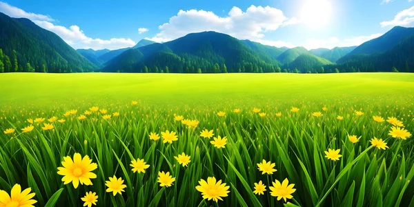 Spring landscape, blossoming field with green grass, yellow flowers, blue sky with sun and clouds, mountains and forest. Nature illustration. 3d rendering.